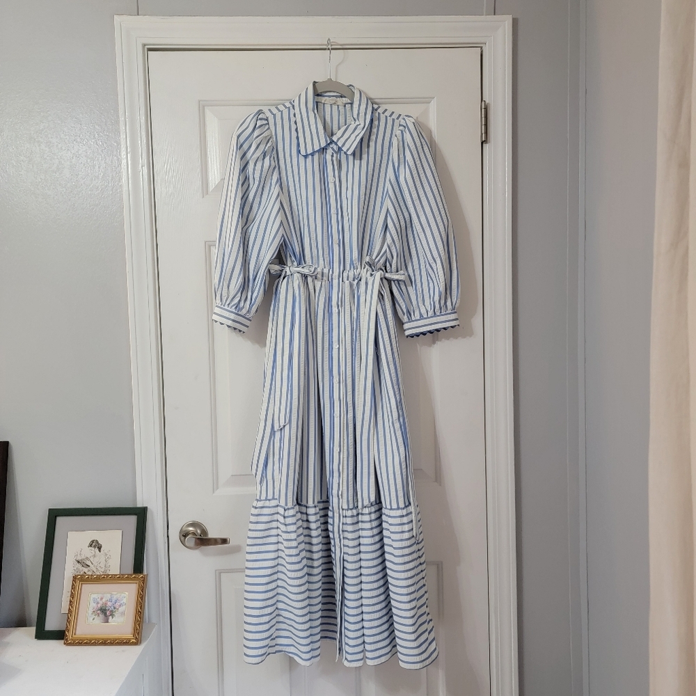 Blue Striped Collar Maxi Dress Modest
